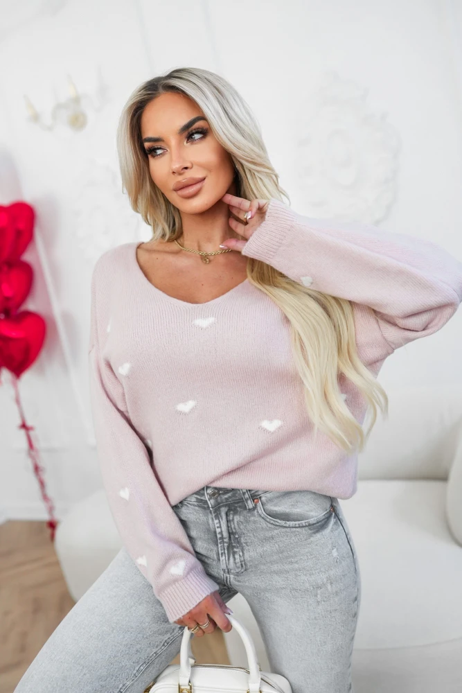 SWETER SWEETIE Z DEKOLTEM W SEREK W SERDUSZKA RÓŻOWY