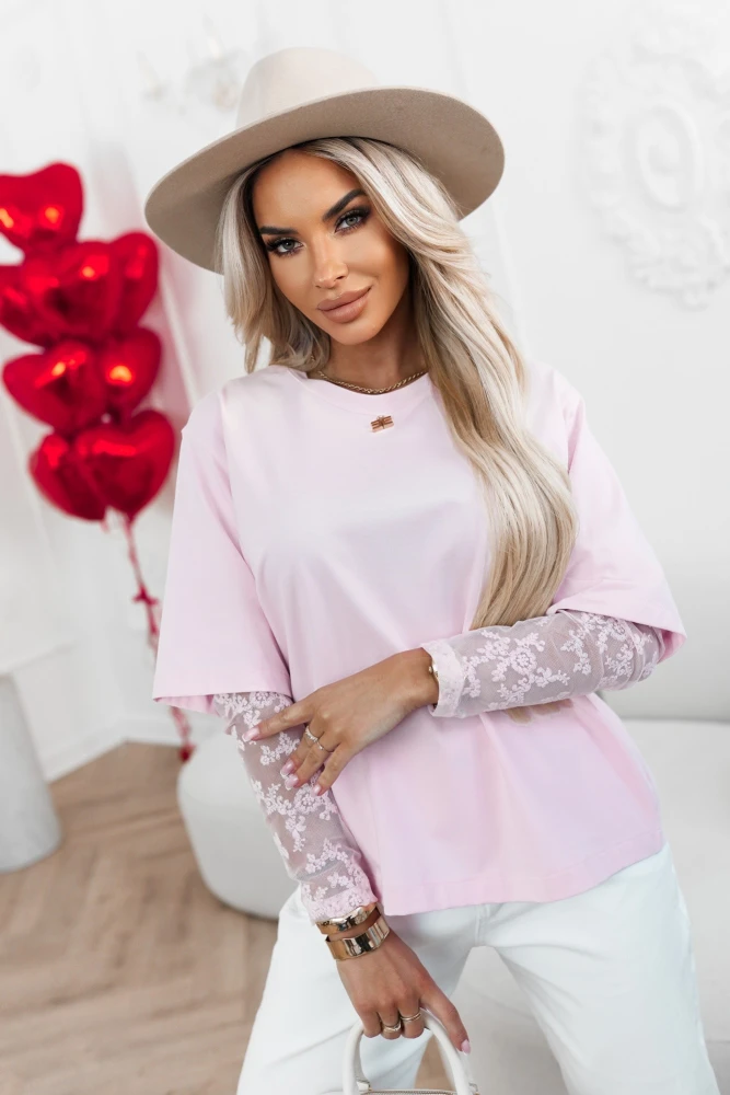 BLUZKA BAWEŁNIANA BASIC Z KORONKOWYMI RĘKAWAMI PUDROWY RÓŻ