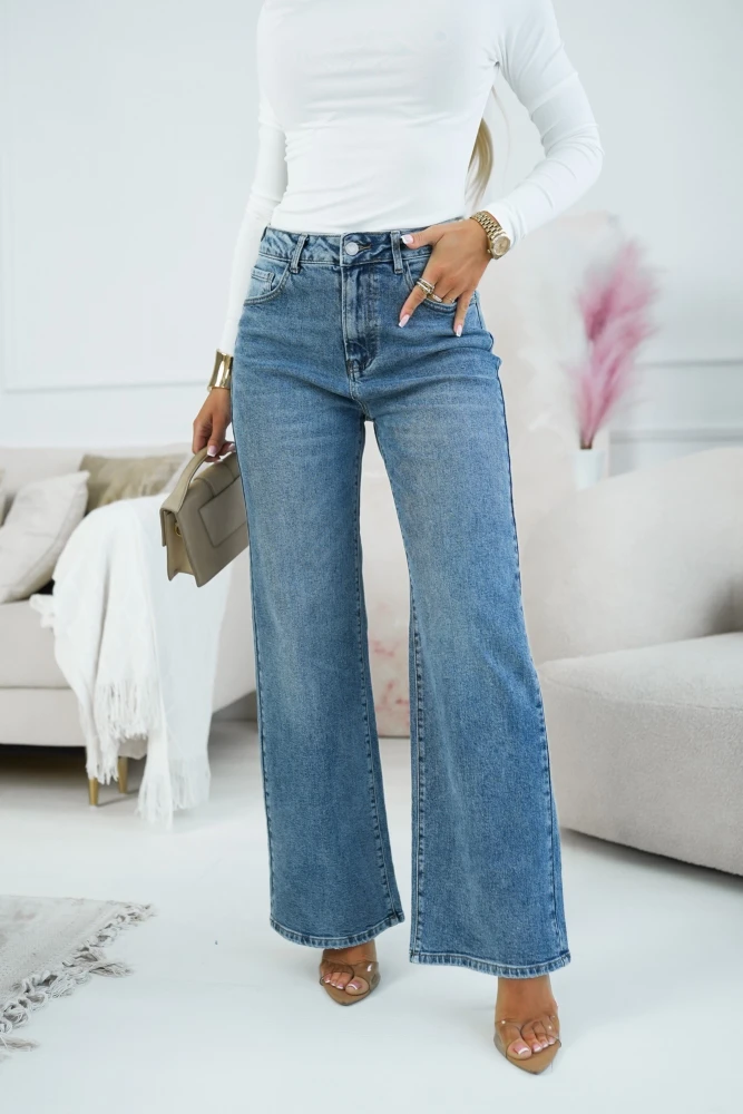 SPODNIE JEANSOWE Z WYSOKIM STANEM Z SZEROKIMI NOGAWKAMI NIEBIESKI JEANS