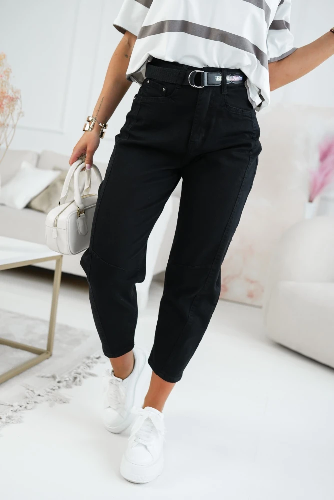 SPODNIE JEANSOWE BALLOON Z WYSOKIM STANEM W ZESTAWIE Z PASKIEM CZARNE