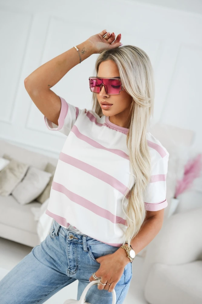 T-SHIRT BAWEŁNIANY W PASY BIAŁO-RÓŻOWE