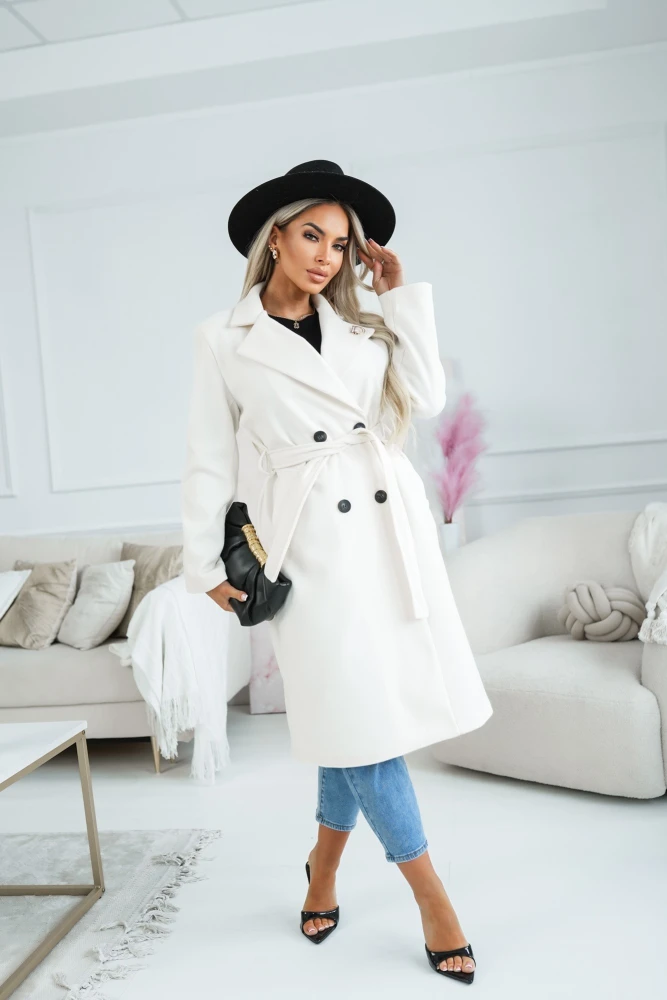 PŁASZCZ DWURZĘDOWY Z PODSZEWKĄ I PASKIEM ECRU