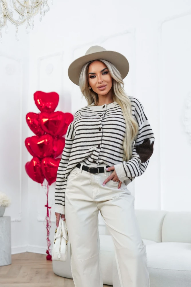 KARDIGAN Z WEŁNĄ Z GUZIKAMI SERDUSZKAMI W PASKI BEŻOWO-CZEKOLADOWE