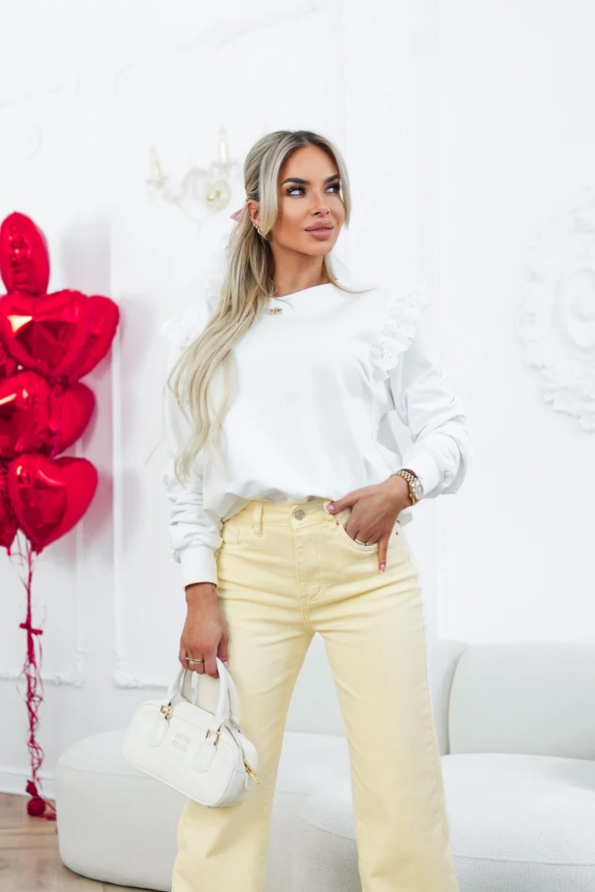 BLUZA BAWEŁNIANA Z KORONKOWYMI WSTAWKAMI BIAŁA