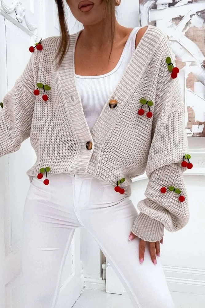 KARDIGAN CHERRIES ZAPINANY NA GUZIKI Z PRZYSZYWANYMI WISIENKAMI BEŻOWY