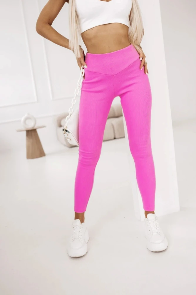 LEGGINSY Z WYSOKIM STANEM Z PRĄŻKOWANEGO MATERIAŁU RÓŻOWE