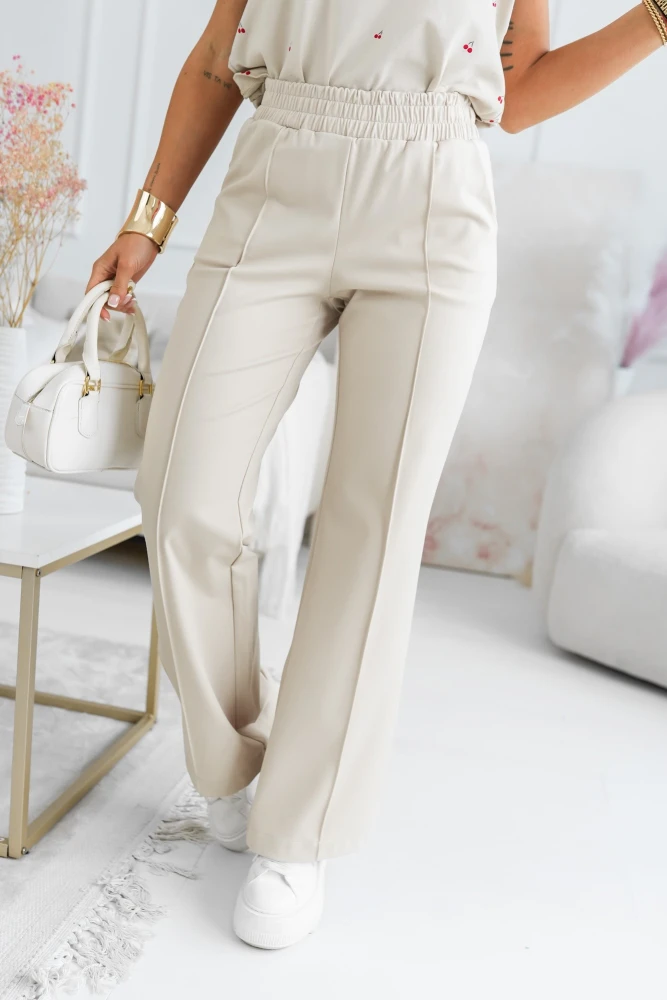 SPODNIE CHARLIE Z WISKOZY W KANT Z GUMĄ W PASIE BEŻOWE