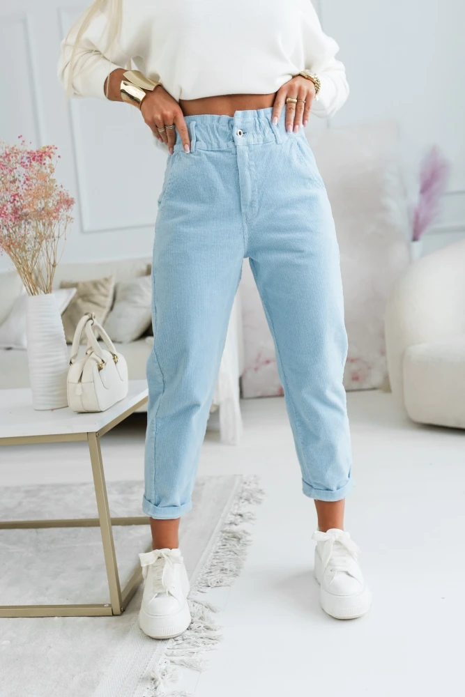 SPODNIE SZTRUKSOWE BAWEŁNIANE COMFY Z WYSOKIM STANEM Z GUMĄ W PASIE BŁĘKITNE