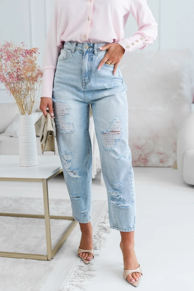 SPODNIE JEANSOWE Z DZIURAMI O KROJU BALLOON FIT Z WYSOKIM STANEM BŁĘKITNY JEANS