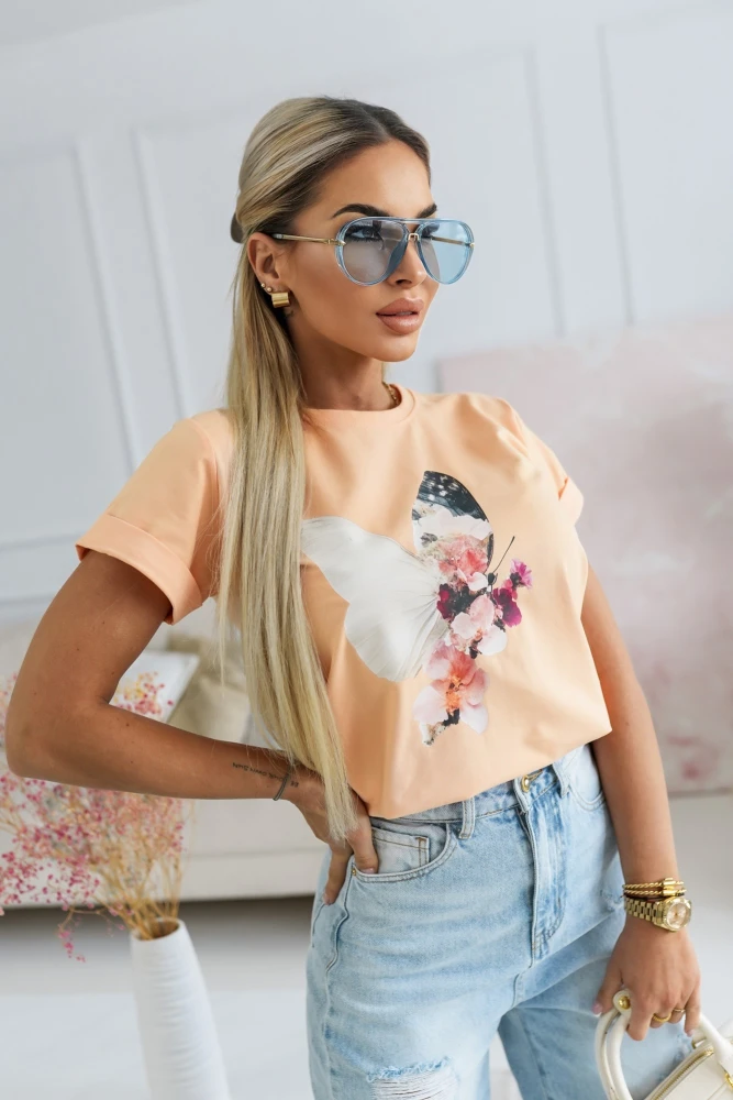 T-SHIRT BAWEŁNIANY Z MOTYWEM MOTYLA MORELOWY