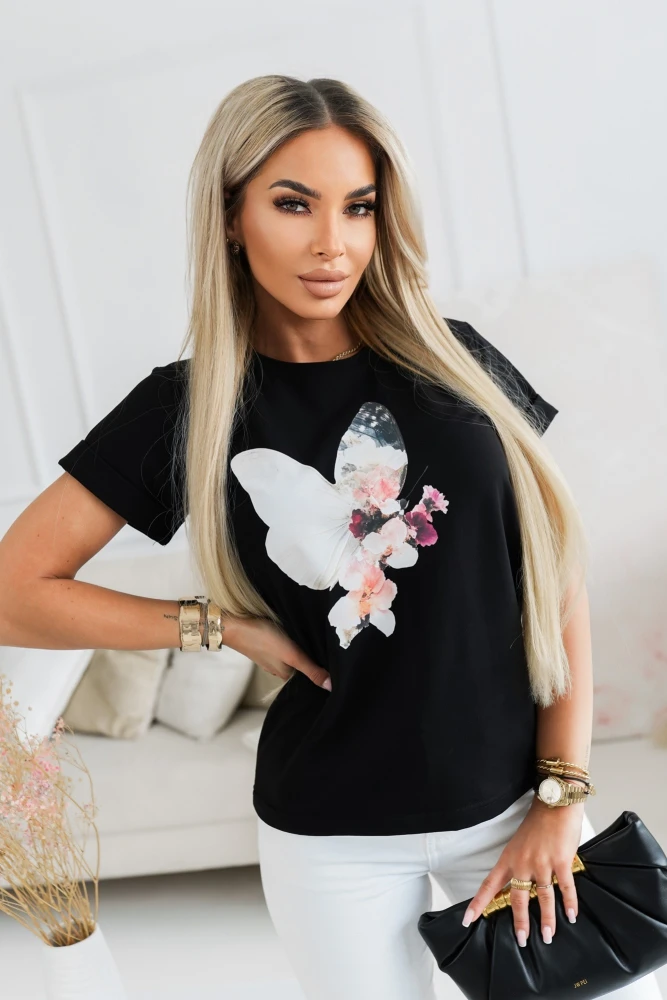 T-SHIRT BAWEŁNIANY Z MOTYWEM MOTYLA CZARNY