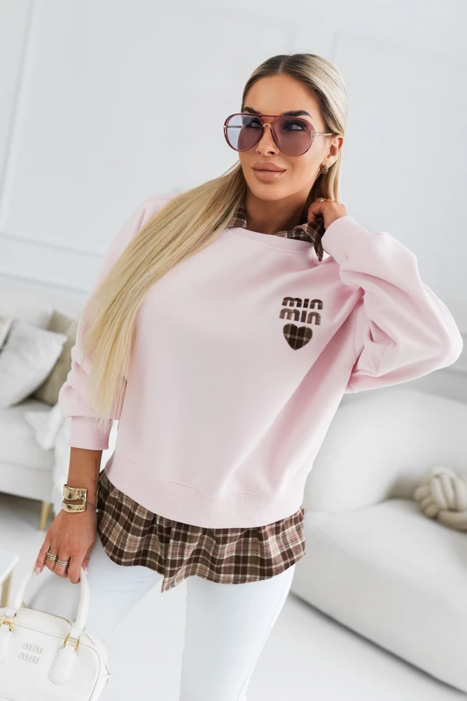 BLUZA BAWEŁNIANA Z KOSZULOWYMI WSTAWKAMI I SERDUSZKIEM Z MOTYWEM KRATY PUDROWY RÓŻ