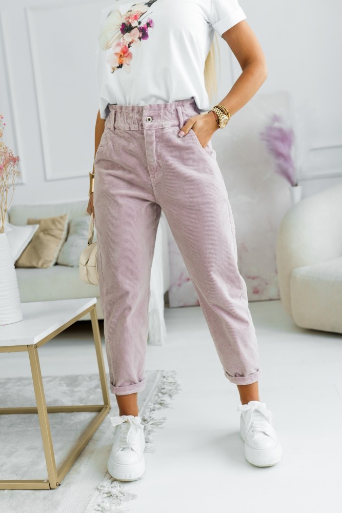 SPODNIE SZTRUKSOWE BAWEŁNIANE COMFY Z WYSOKIM STANEM Z GUMĄ W PASIE BRUDNY RÓŻ