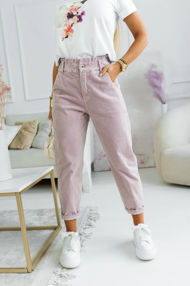 SPODNIE SZTRUKSOWE BAWEŁNIANE COMFY Z WYSOKIM STANEM Z GUMĄ W PASIE BRUDNY RÓŻ