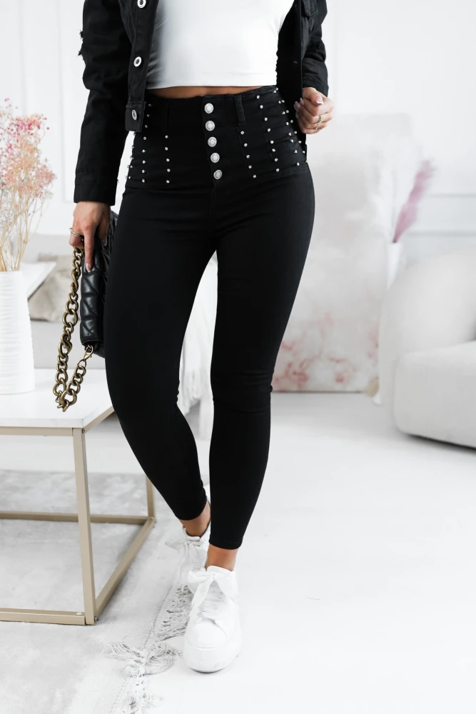 SPODNIE JEANSOWE Z WYSOKIM STANEM ZDOBIONE W PASIE CZARNY JEANS