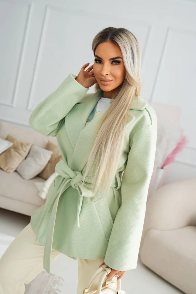 KRÓTKI PŁASZCZ Z WEŁNĄ WIĄZANY W TALII PISTACJOWY