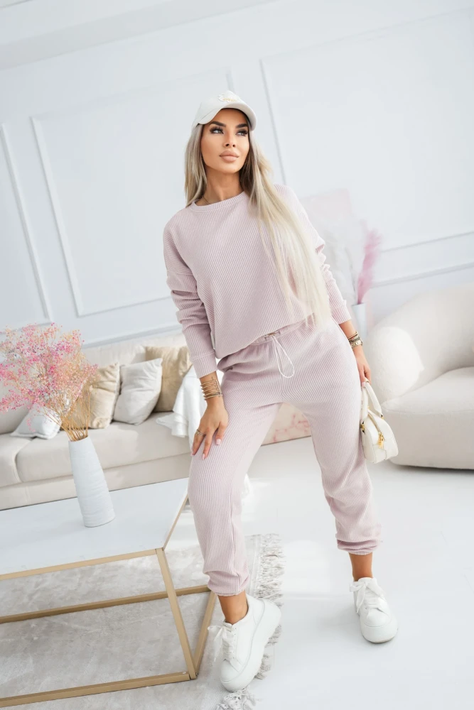 KOMPLET DRESOWY BAWEŁNIANY Z PRĄŻKOWANEGO MATERIAŁU BLUZA + SPODNIE BRUDNY RÓŻ