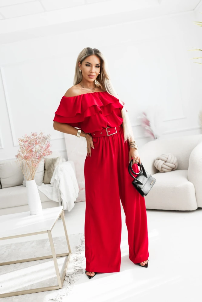 KOMBINEZON Z FALBANKOWYM DEKOLTEM HISZPANKA CZERWONY