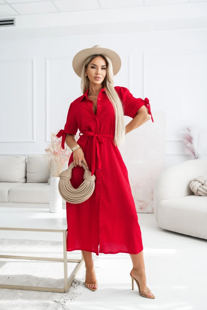 SUKIENKA MIDI Z KOŁNIERZYKIEM ZAPINANA NA GUZIKI CZERWONA