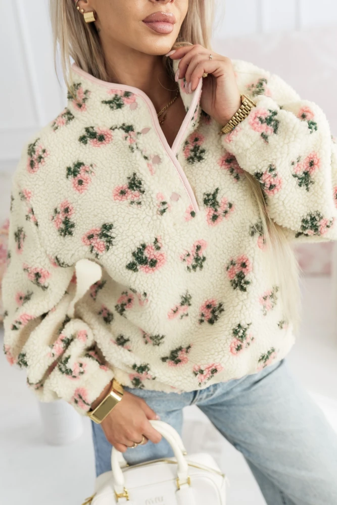 BLUZA POLAREK NA STÓJCE W KWIATY BEŻOWO-PUDROWA