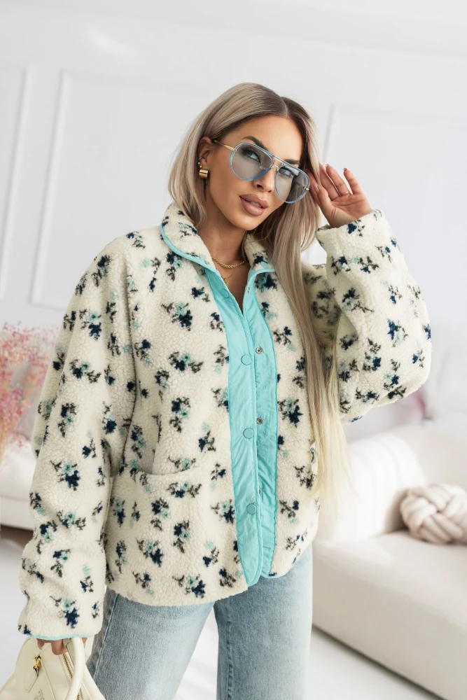 KURTKA DWUSTRONNA POLAREK W KWIATY BEŻOWO-BŁĘKITNA